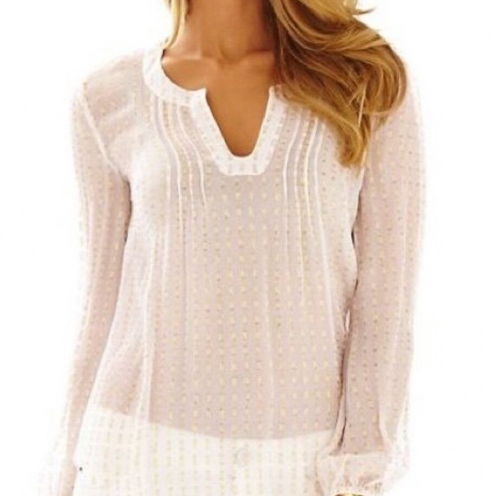 Lilly Pulitzer Elsa Top White Gold Metallic Clip Dot Pintuck Blouse XS